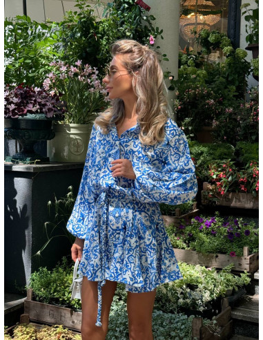 Rochie tip camasa din bumbac, cu imprimeu albastru