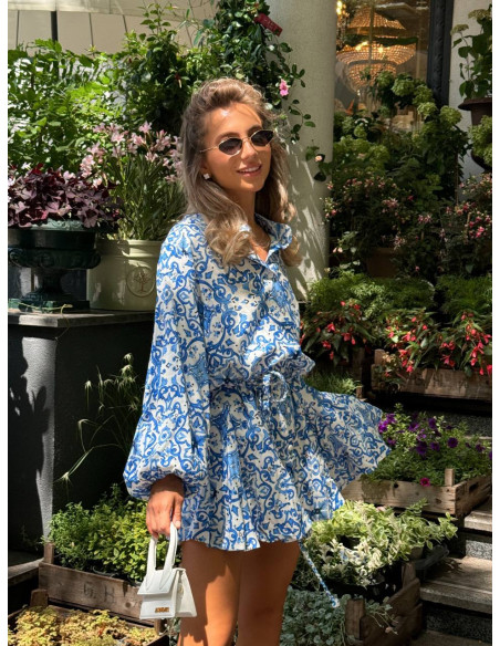 Rochie tip camasa din bumbac, cu imprimeu albastru